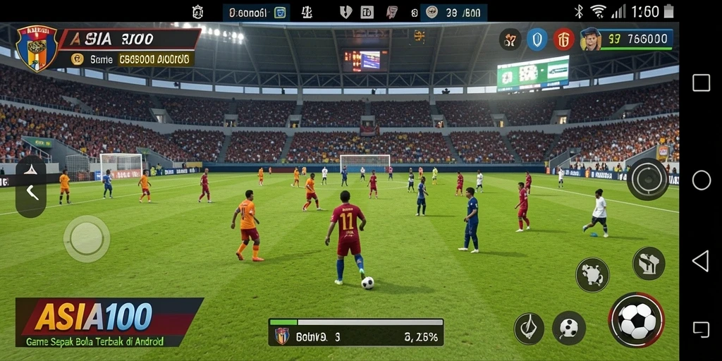 Screenshot gameplay ASIA100 menampilkan aksi sepak bola yang mendebarkan.