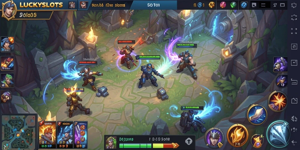 Screenshot gameplay LUCKYSLOTS menampilkan pertarungan antara dua tim.