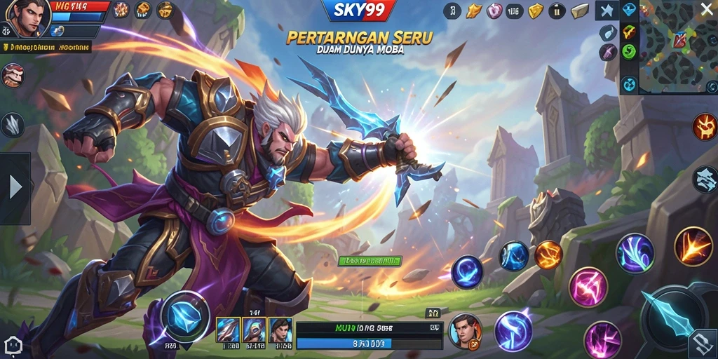 Gambaran aksi seru dalam pertandingan MOBA di SKY99.