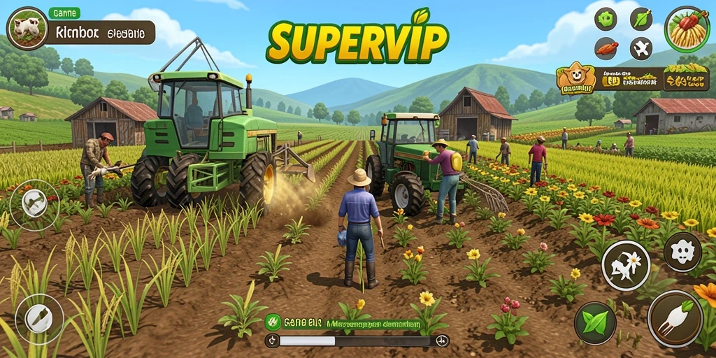 Tampilan gameplay SUPERVIP dengan aktivitas pertanian yang seru.